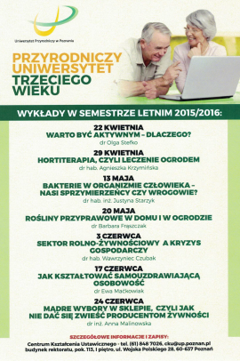 Grafika przekierowuje do spisu wykładów Przyrodniczego Uniwersytetu Trzeciego Wieku w semestrze letnim 2015/2016