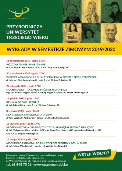 Grafika prowadzi do plakatu przestawiającego wykłady Przyrodniczego Uniwersytetu Trzeciego Wieku w semestrze zimowym 2019/2020