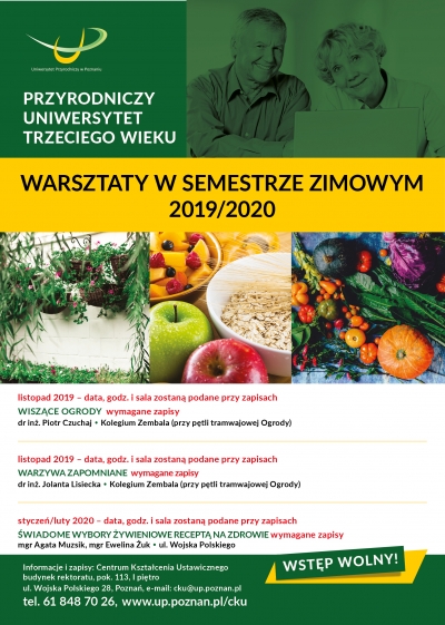 Grafika prowadzi do plakatu przestawiającego warsztaty Przyrodniczego Uniwersytetu Trzeciego Wieku w semestrze zimowym 2019/2020