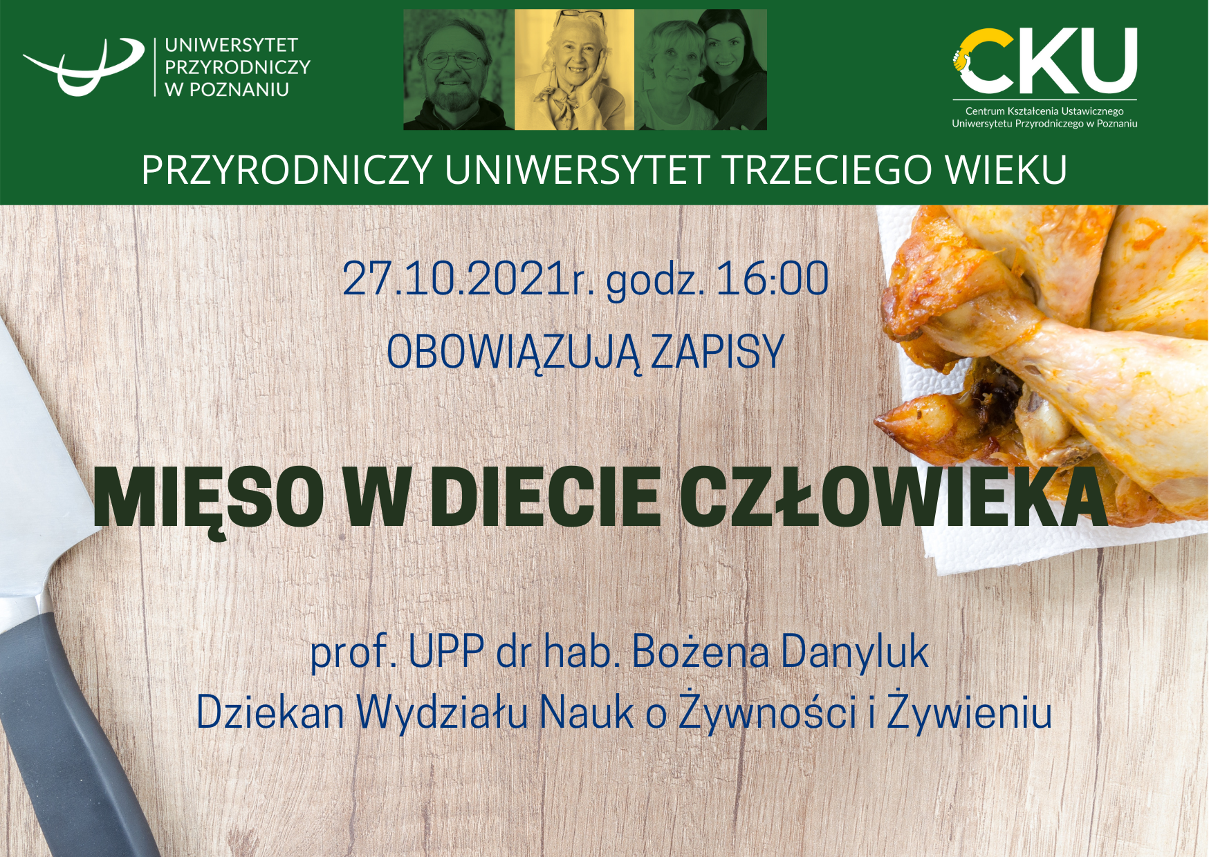 Plakat zapraszający na wykład "mięso w diecie człowieka". Zdjęcie przedstawia upieczonego kurczaka na talerzu oraz nóż na drewnianym stole