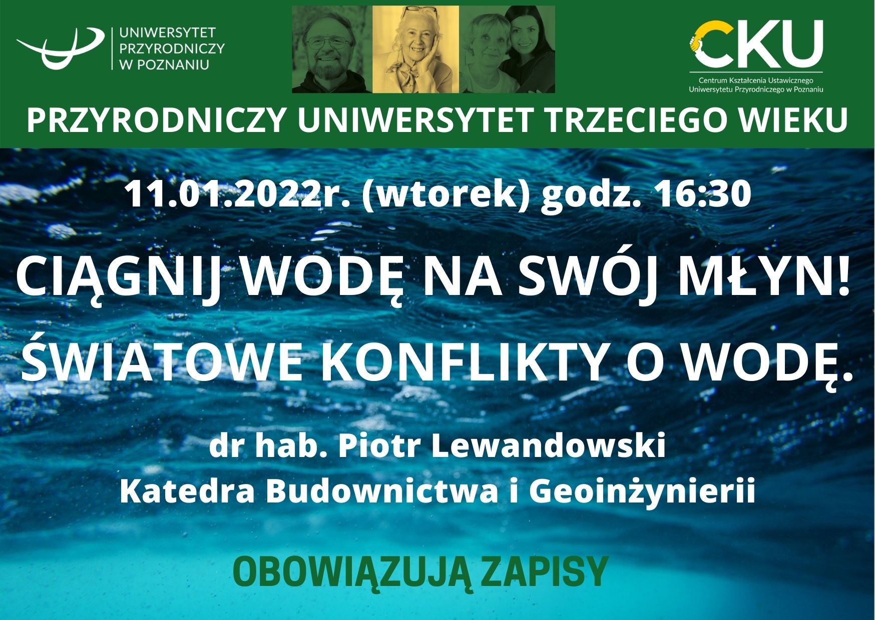 Plakat zapraszający na wykład pt. "Ciągnij wodę na swój młyn! Czyli światowe konflikty o wodę" Grafika przedstawia niebieskie głębiny morskie. 