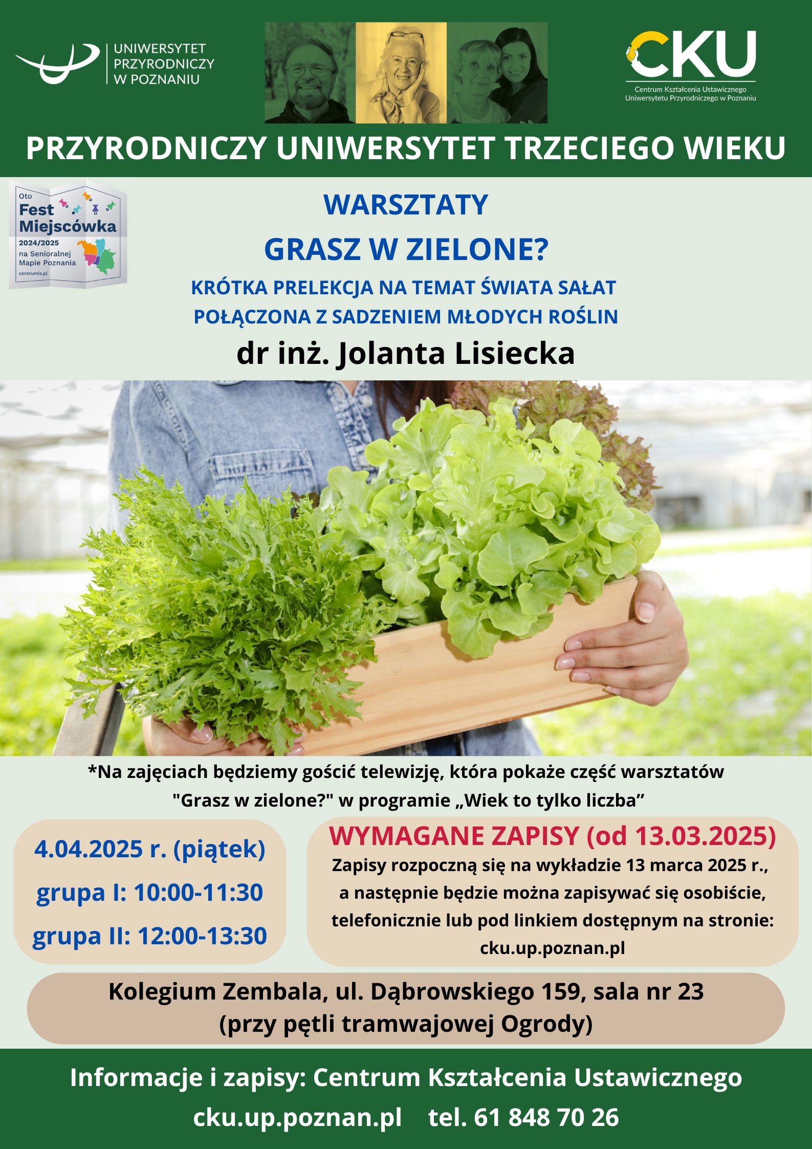 Kobieta trzyma w ręce drewniana skrzynkę, a w skrzynce są posadzone 3 główki sałaty, dwie zielone i jedna brązowa.
