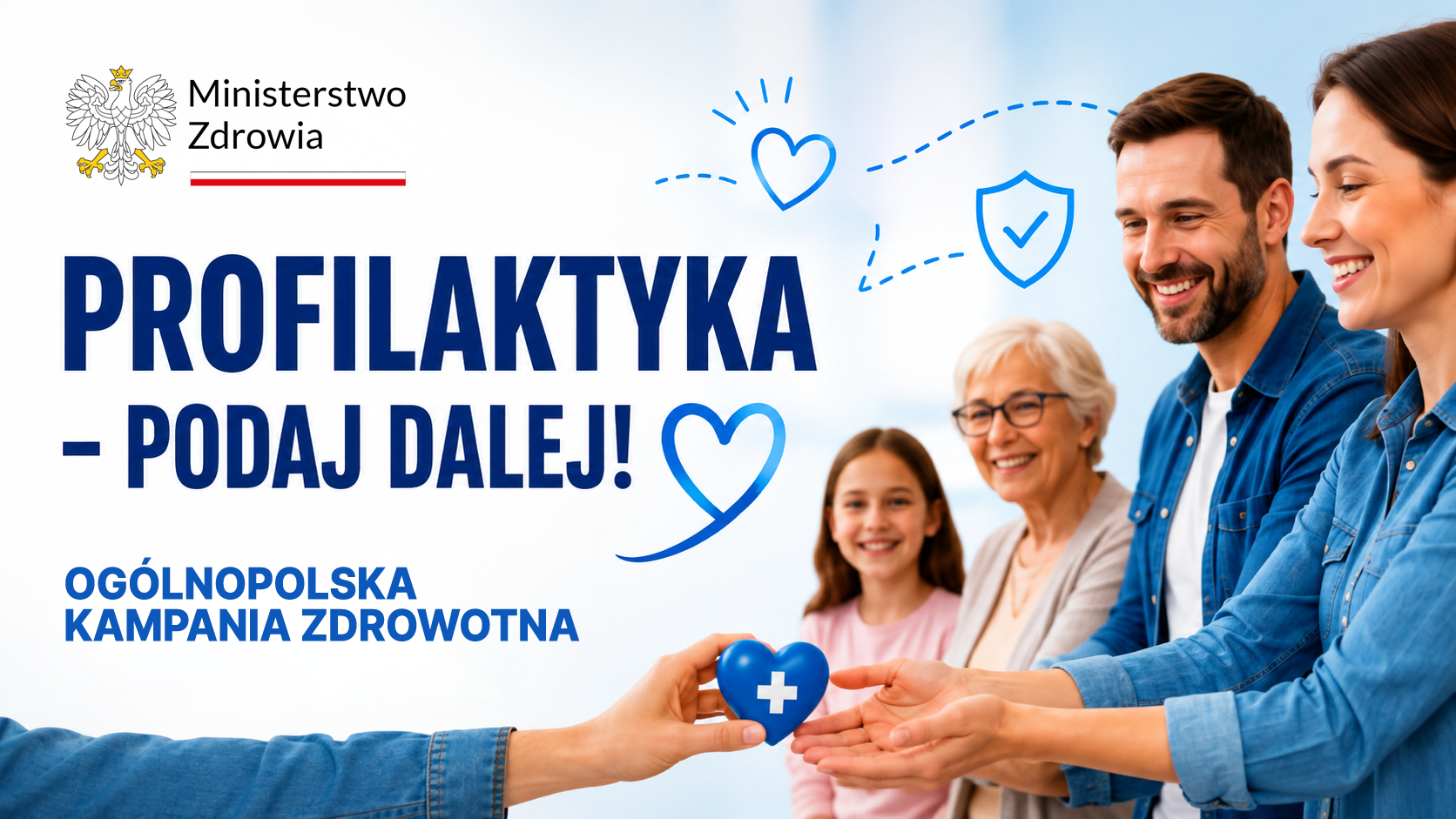 Czwórka ludzi w różnym wieku przyjmuje od widocznej dłoni niebieskie serduszko z białym krzyżykiem.