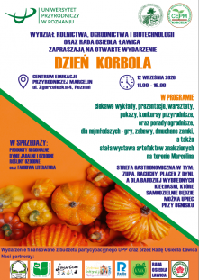 Plakat zapraszający na Dzień Korbola 12 września 2026 roku. Oprócz danych szczegółowych widać różne pomarańczowe i żółte dyni. Plakat jest pomarańczowo biały z pomarańczowymi, granatowymi i zielonymi napisami.