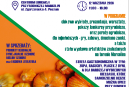 Plakat zapraszający na Dzień Korbola 12 września 2026 roku. Oprócz danych szczegółowych widać różne pomarańczowe i żółte dyni. Plakat jest pomarańczowo biały z pomarańczowymi, granatowymi i zielonymi napisami.