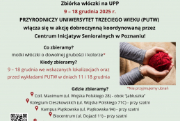 Plakat zapraszający do przyłączenia się do akcji DZIERGANIE DOBRA. Oprócz danych wymienionych na stronie dołączone jest zdjęcie dłoni kobiety, która trzyma czerwony motek włóczki zwinięty w kulkę. Obraz ma bardzo przytulne brązowe tło.