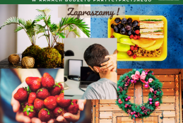 W górnej części plakatu widnieje napis Praktyczne warsztaty dla pracowników UPP oraz logo CKU. W centralnej części jest 5 zdjęć. Nr 1 przestawia roślinę, której korzenie zamiast w doniczce są owinięte mchem i obwiązane sznurkiem według techniki zwanej kokedamą. Nr 2- to lunchbox z 2 kanapkami, winogronem, malinami, wafelkiem sezamowy i pokrojonym jabłkiem. Nr 3- truskawki na dłoniach. Nr 4- to wianek świąteczny zawieszony na drzwiach. Nr 5- mężczyzna siedzi przy biurku i boli go kark.