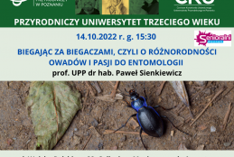 Plakat zapraszający na wykład "Biegając za biegaczami, czyli o różnorodności owadów i pasji do entomologii"